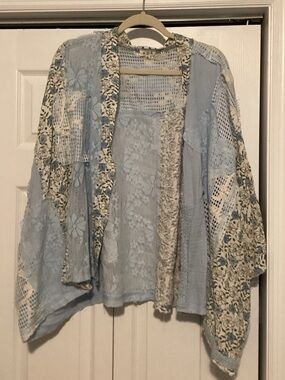 POL Light Blue Floral Patchwork Lace Kimono Cardigan